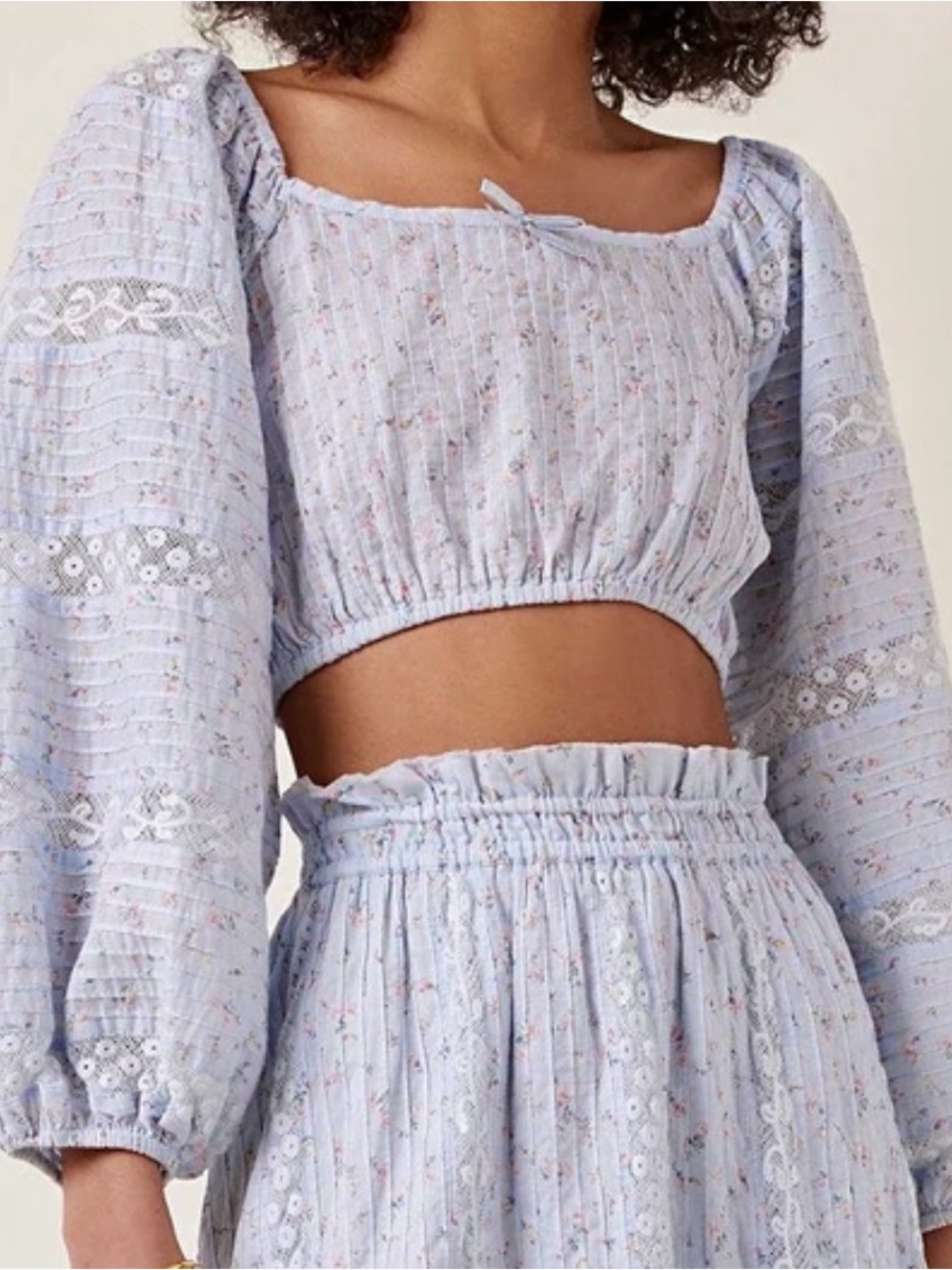 LoveShackFancy Powder Blue Floral Peasant Crop Top